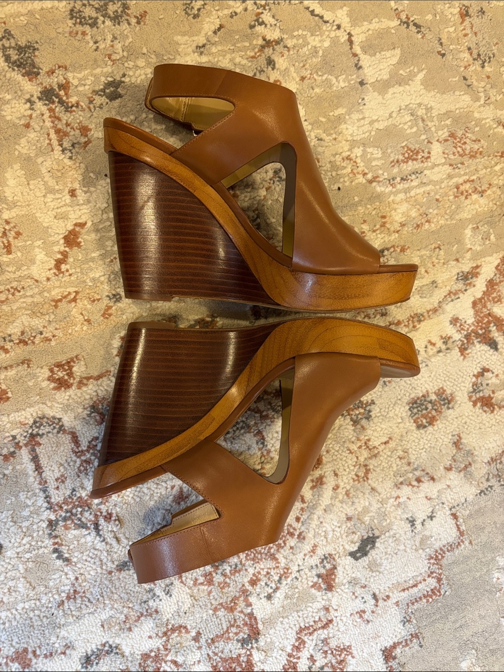 MICHAEL Michael Kors Josephine Leather Wedge Platform Sandals Luggage Brown - Picture 4 of 8